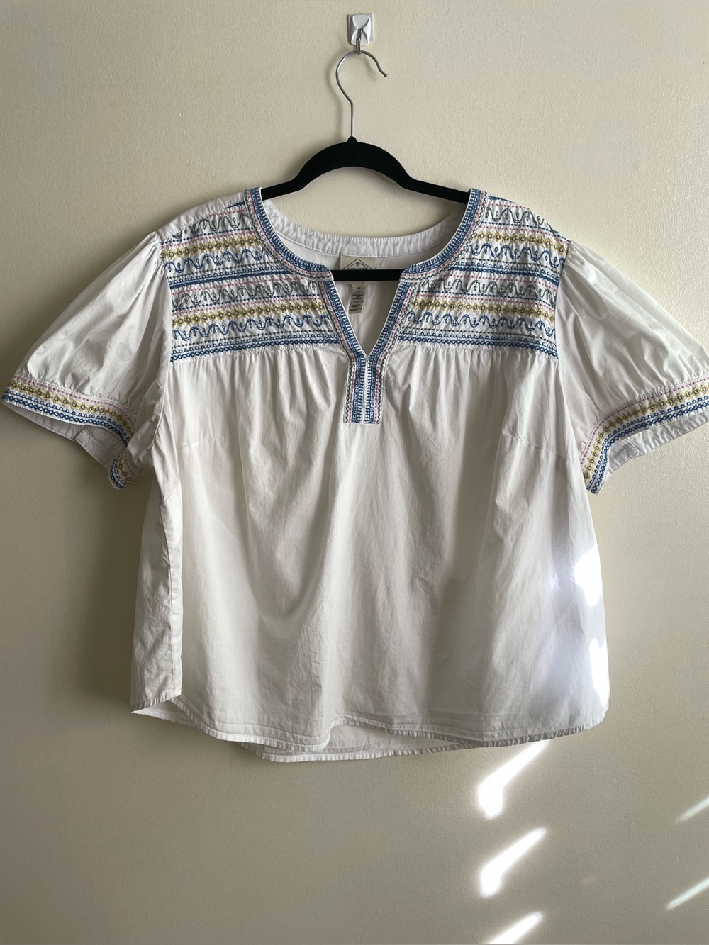 St. John’s Bay 1X White Embroidered Cotton Peasant Blouse Boho Short Sleeve